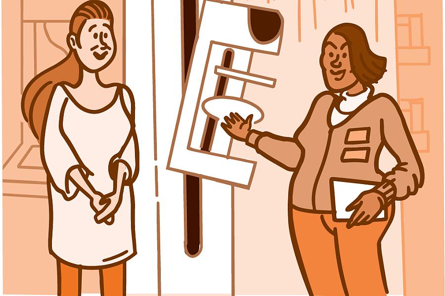 Illustration of a doctor showing a female patient a mammogram machine