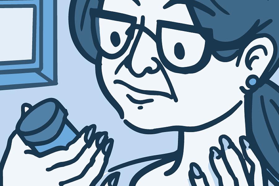 Illustration of a woman looking at a pill bottle Illustration of a woman looking at a pill bottle