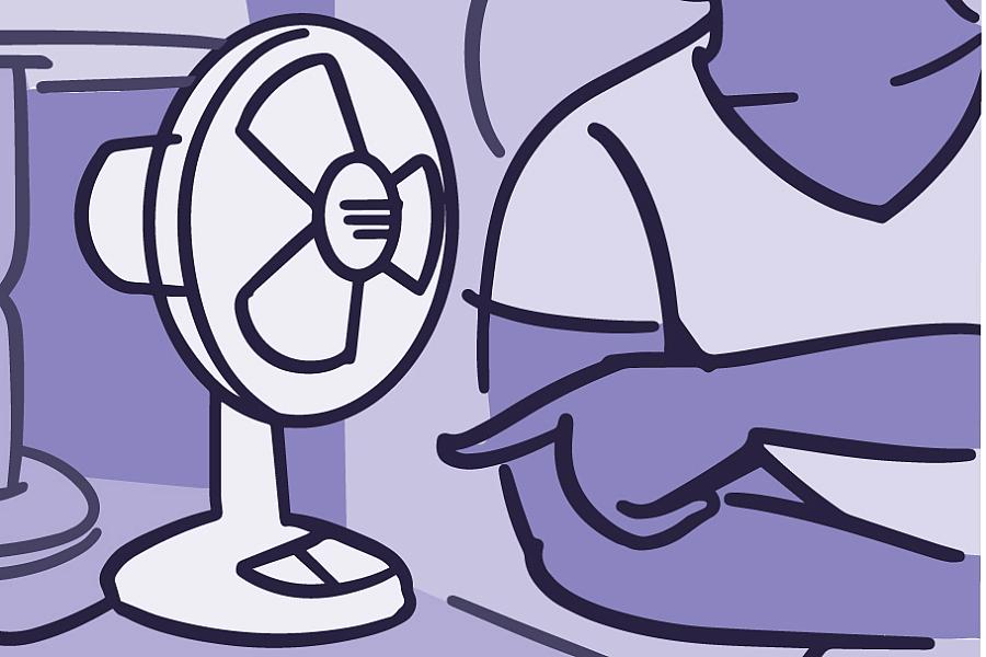 Illustration of a man turning on a fan while getting into bed Illustration of a man turning on a fan while getting into bed