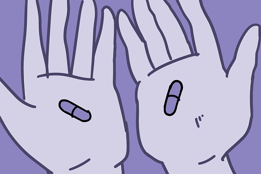 Illustration of a person’s hands holding two different pills that look the same