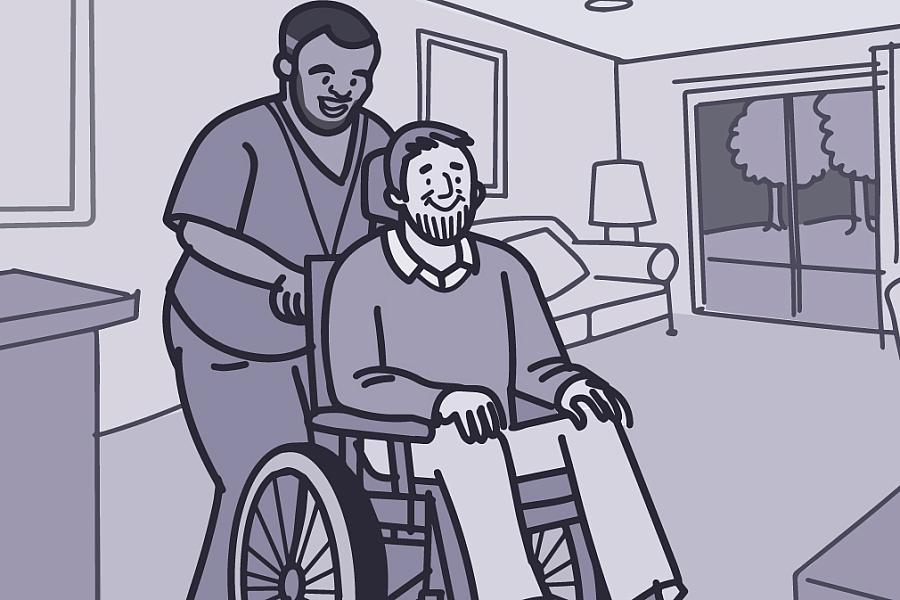 Illustration of a health care worker pushing a person with ALS in a wheelchair.