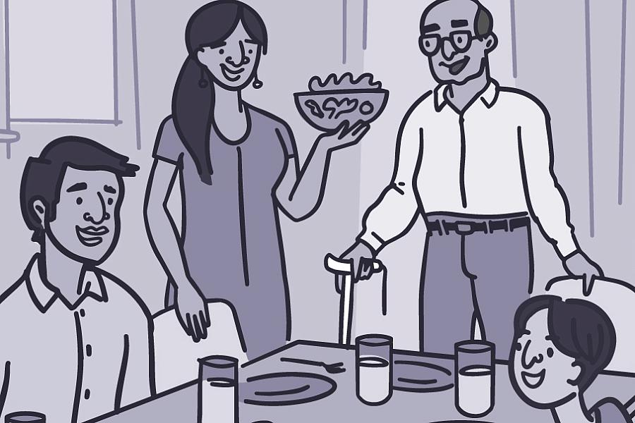 Illustration of a family at the dinner table, with the grandfather holding a cane and the son showing his overextended arm.