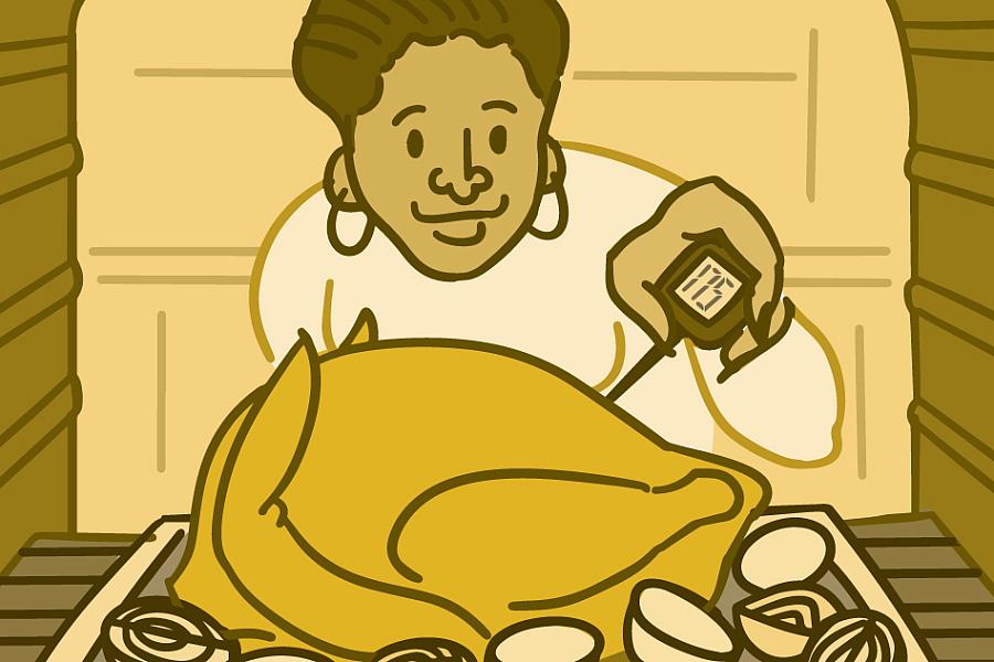 Illustration of a woman taking the temperature of a turkey in the oven Illustration of a woman taking the temperature of a turkey in the oven.