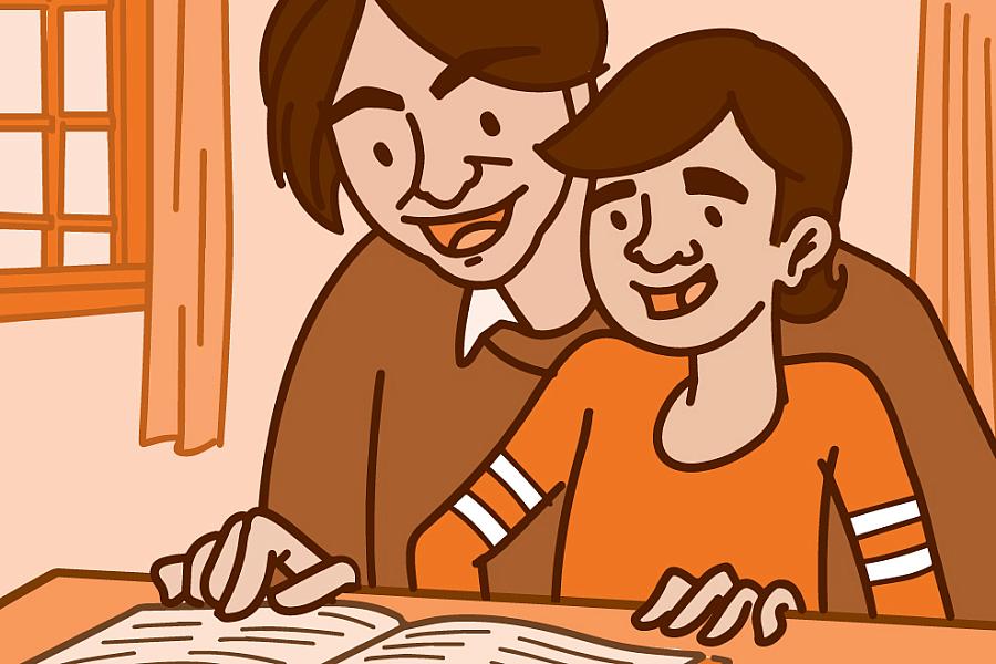 Illustration of a father and son reading a book at the table Illustration of a father and son reading a book at the table.