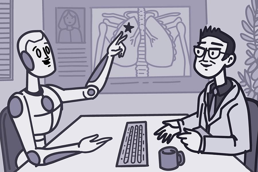  Illustration of a robot and a doctor analyzing a medical image together.