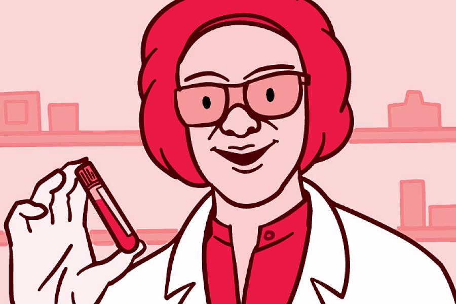 Illustration of a health care professional holding a vial with a blood sample.