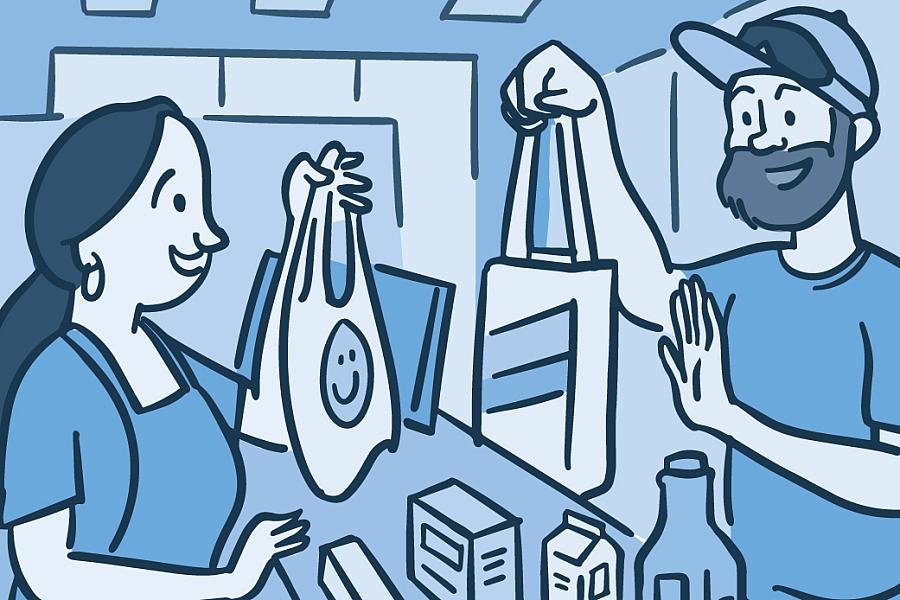 Illustration a man refusing a plastic bag at the grocery store to use his own reusable bag Illustration of a man refusing a plastic bag at the grocery store to use his own reusable bag.