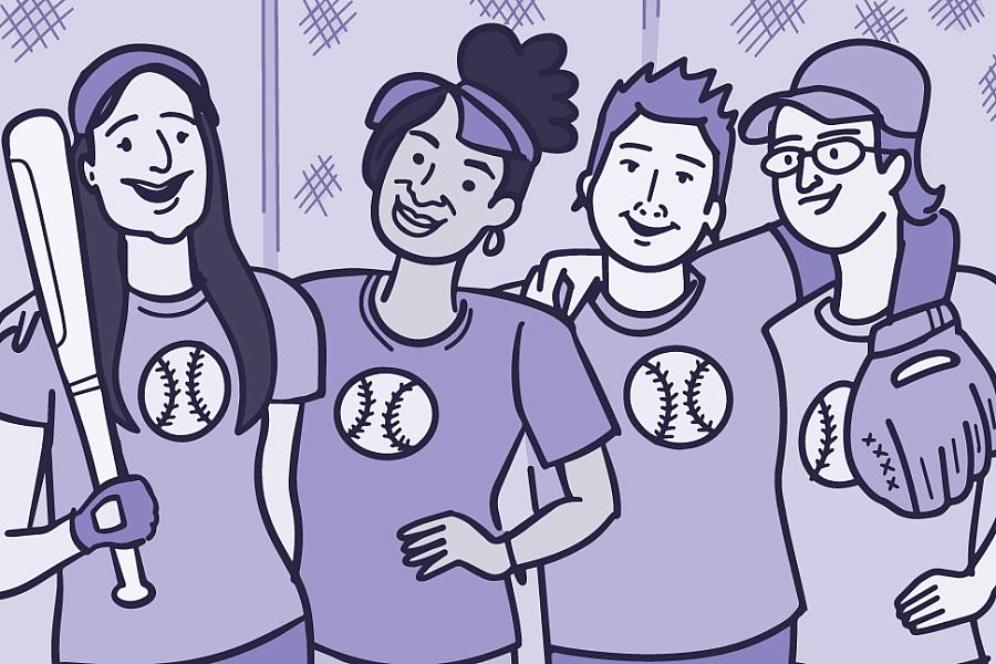 Illustration of a group of friends playing softball posing for a team photo.