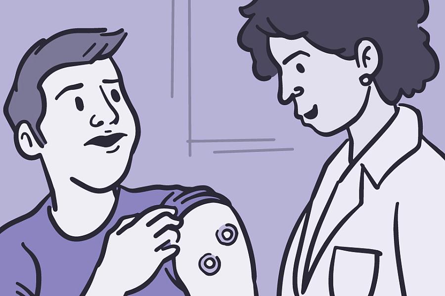 Illustration of a man showing a fungal infection to a doctor Illustration of a man showing a fungal infection to a doctor.