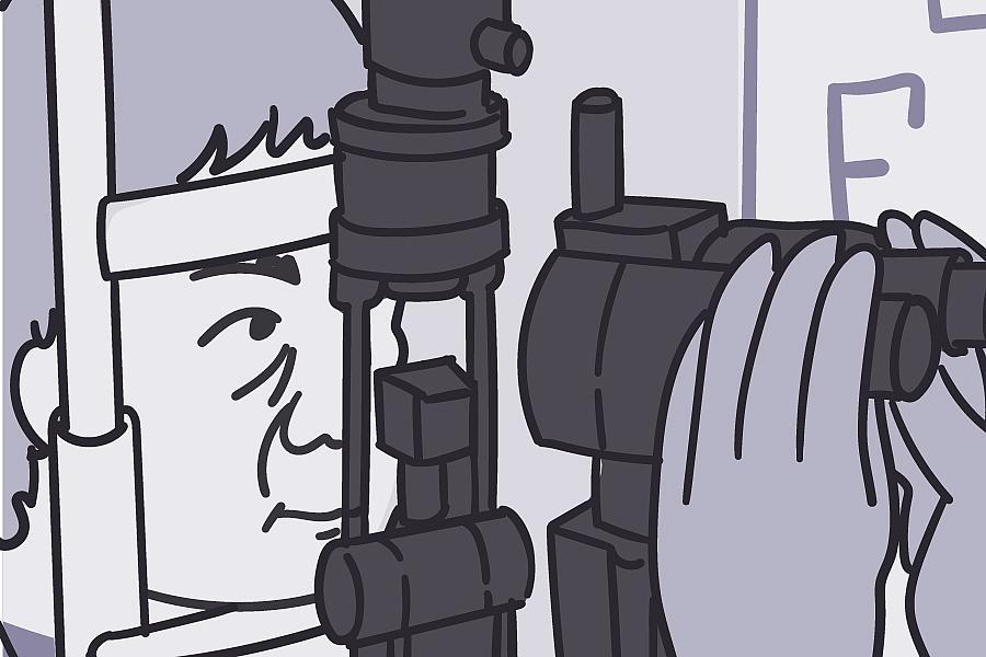 Eye doctor giving person an eye exam Eye doctor giving person an eye exam.