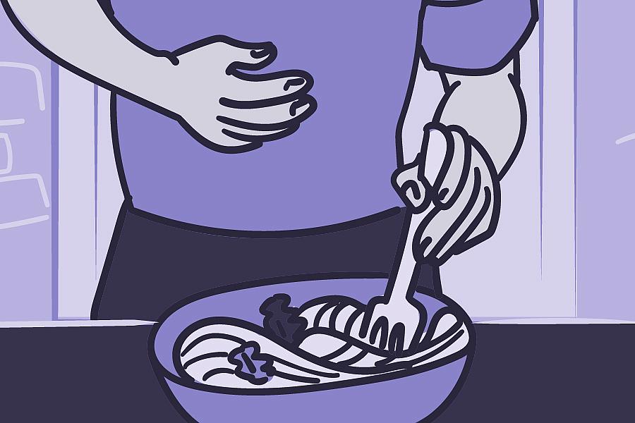 Illustration of man holding his stomach in pain while eating a bowl of pasta.