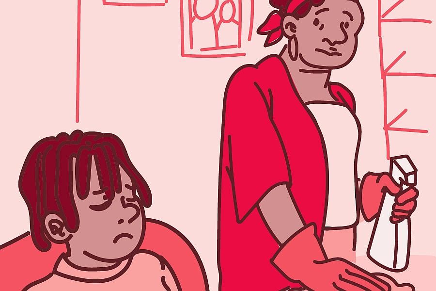 Illustration of a mom cleaning the kitchen countertops while her child is sitting on the couch feeling unwell.