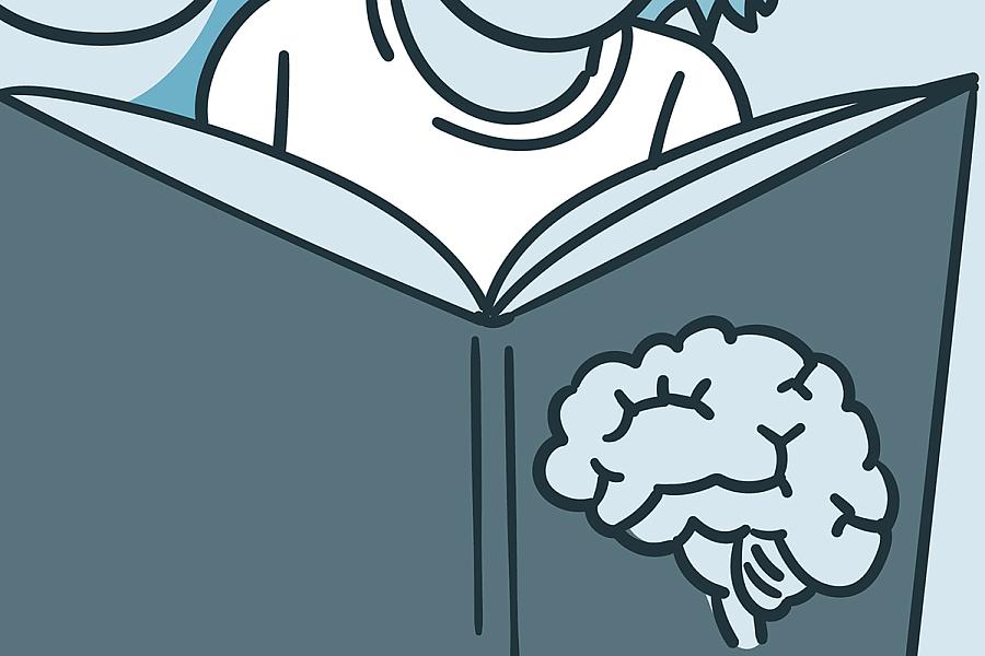 Illustration of a father and daughter reading a book together on the brain, with brain signal activity shown in the background.