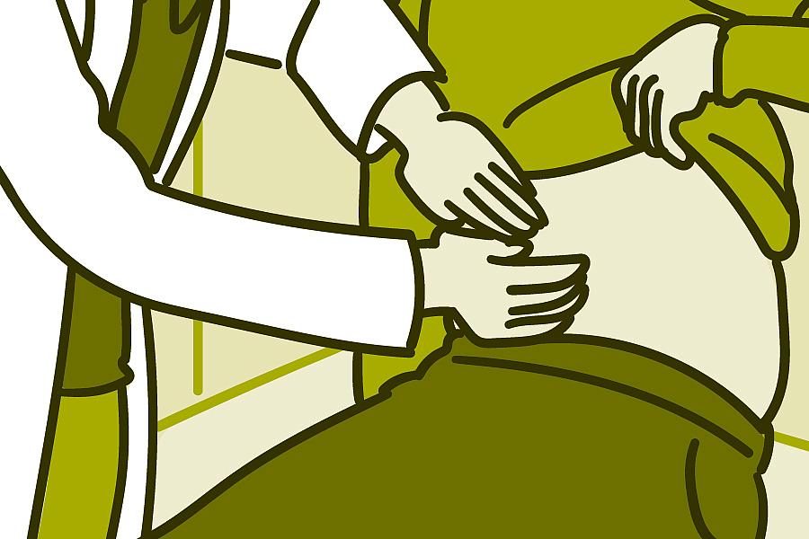 Illustration of a doctor checking a man's stomach. 