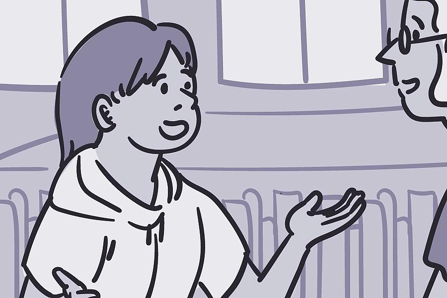 Illustration of a child talking with a speech-language pathologist.