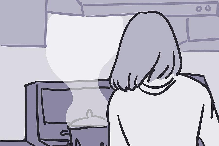 Illustration of a person using a gas stove, showing fumes going into an exhaust fan. 