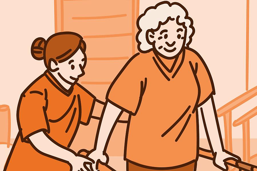 Illustration of a physical therapist helping an older adult walk.