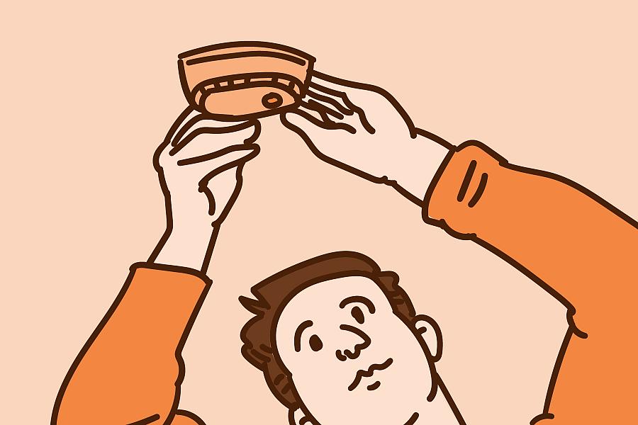 Illustration of person on a ladder changing a smoke detector.