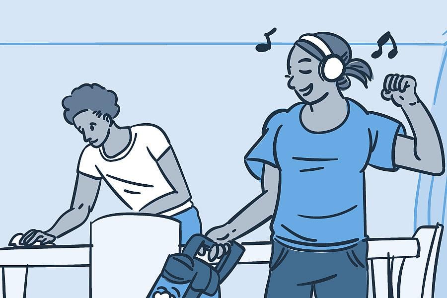 Illustration of a woman vacuuming with headphone on and a man wiping off the table. 