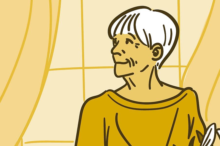Illustration of an older adult woman looking out of a window holding flowers.