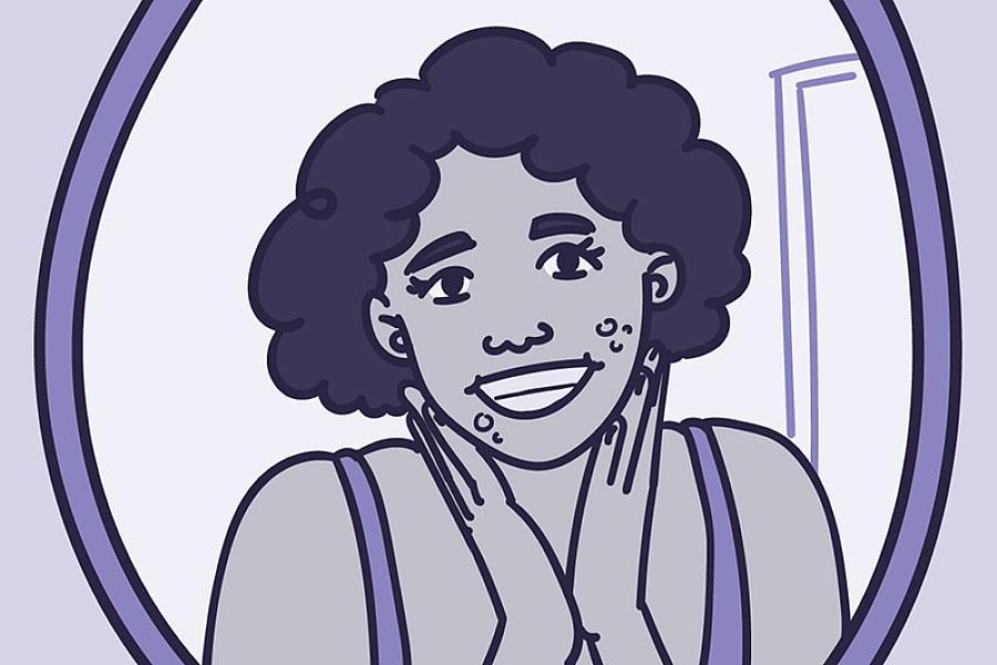 Illustration of a young adult looking in the mirror with acne on her face.