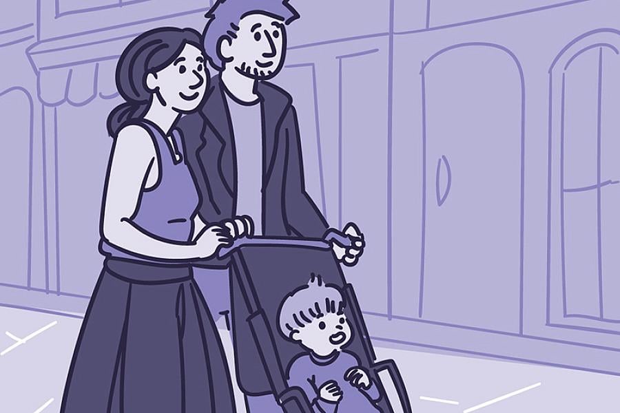 Illustration of a young couple pushing a toddler in a stroller down the sidewalk near shops.