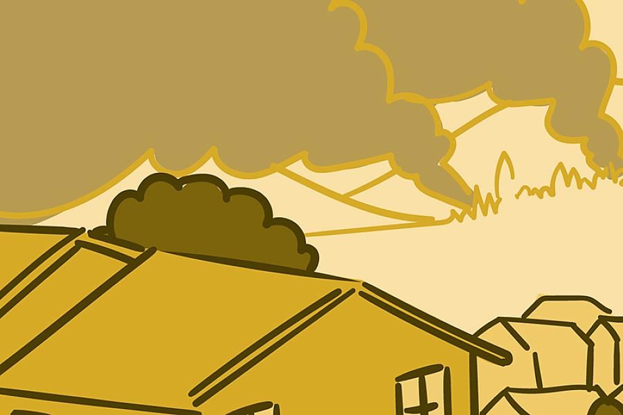 Illustration of a wildfire burning behind houses. 