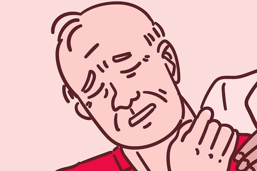 Illustration of a man in pain showing a healthcare provider his neck.