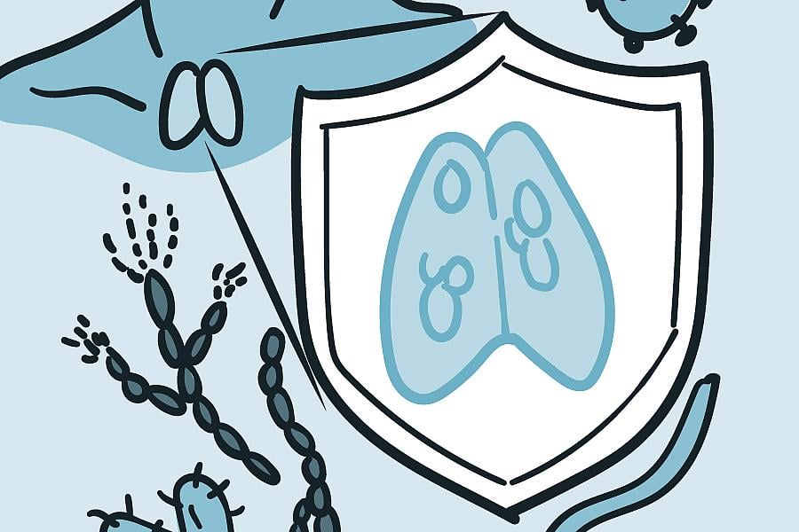 Illustration of a silhouette of a person showing the thymus in the neck, with a larger illustration of the thymus shown inside a shield with immune cells and microbes in the background.