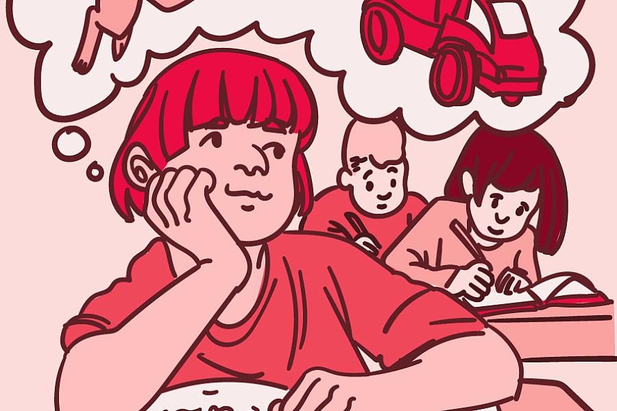 Illustration of a child daydreaming in school while the other kids work at their desks.