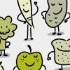 Illustration of anthropomorphized fruit, vegetables, bread, nuts and seeds.