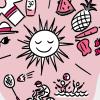 Illustration of sun surrounded by fresh produce, sun protection gear and people having fun outdoors.