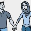 Illustration of a young man and woman holding hands and talking.