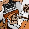 Illustration of a sleeping older woman staying cool with a fan, ice water and open window.