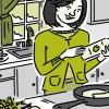  Illustration of a woman in a kitchen using “good” fat or low-fat foods.