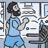 Illustration of a man running indoors on a treadmill, with traffic visible through window.