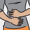 Illustration of an uncomfortable-looking woman clutching her lower belly Illustration of an uncomfortable-looking woman clutching her lower belly.