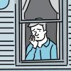 Illustration of a worried man looking out of a window.