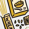 Illustration of a high-fiber cereal, wild rice, whole-wheat pasta and nuts.