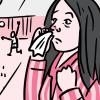 Illustration of a sick girl, with a red nose and a tissue, looking out the window at kids playing ball in the sunshine.