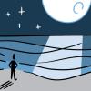 Illustration of a person standing on a moonlit beach.