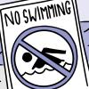 Illustration of a No Swimming sign at the beach.