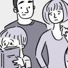 Illustration of worried parents watching a young child reading a book.