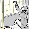 Illustration of a man waking up and stretching before a sun-filled window.