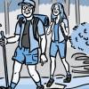 Illustration of an older couple hiking through the woods.