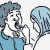 Illustration of a doctor examining the back of a patient’s throat.