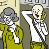 Illustration of a woman steadying herself against a wall while a concerned passerby makes a call for help.