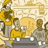 Illustration of friends relaxing by a fireplace.