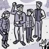 Illustration of an older man with his family and pet dog on a walking trail Illustration of an older man with his family and pet dog on a walking trail.