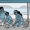 Illustration of a family under a shaded canopy at the beach.